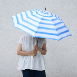 ﾓﾘﾉｶﾞｯｺｳ 晴雨兼用 長傘  日傘 雨傘 (手書きイラスト ブルーストライプ) UVカット 4枚目の画像