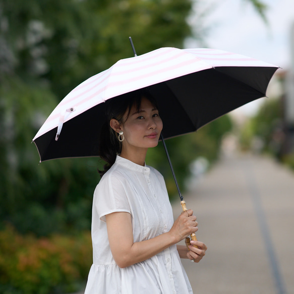 森野學校 晴雨兩用長傘 陽傘傘（手寫插畫米色條紋）防紫外線 第16張的照片