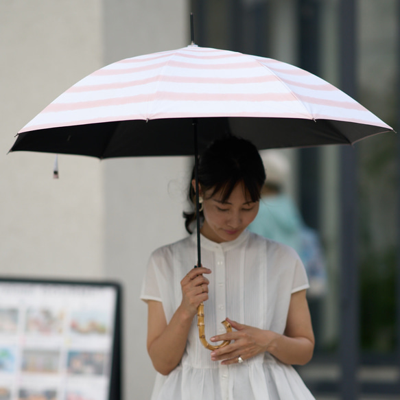 ﾓﾘﾉｶﾞｯｺｳ 晴雨兼用 長傘  日傘 雨傘 (手書きイラスト ベージュストライプ) UVカット 8枚目の画像