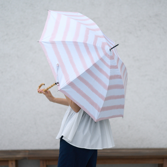 ﾓﾘﾉｶﾞｯｺｳ 晴雨兼用 長傘  日傘 雨傘 (手書きイラスト ベージュストライプ) UVカット 12枚目の画像