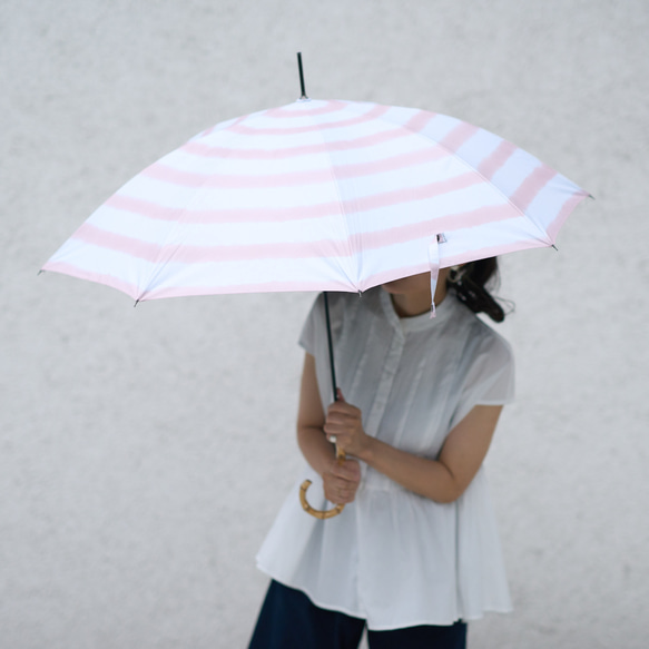 森野學校 晴雨兩用長傘 陽傘傘（手寫插畫米色條紋）防紫外線 第2張的照片