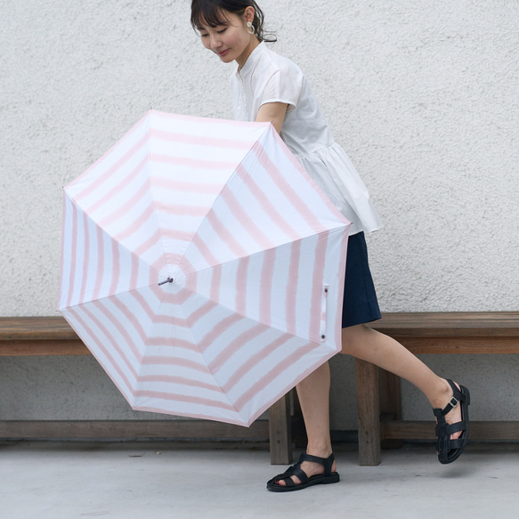 ﾓﾘﾉｶﾞｯｺｳ 晴雨兼用 長傘  日傘 雨傘 (手書きイラスト ベージュストライプ) UVカット 7枚目の画像