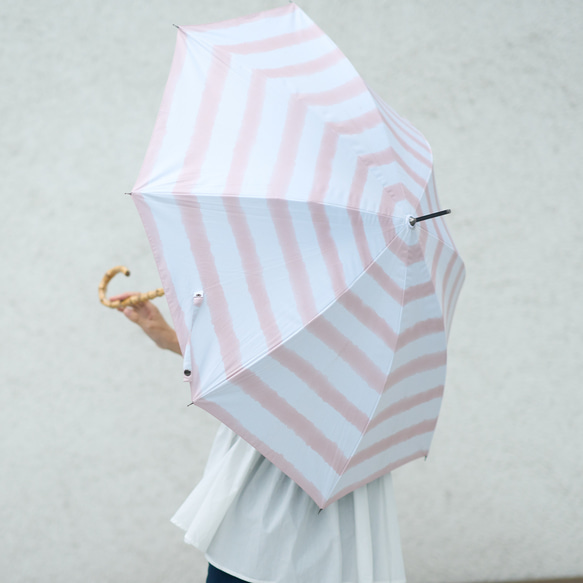 ﾓﾘﾉｶﾞｯｺｳ 晴雨兼用 長傘  日傘 雨傘 (手書きイラスト ベージュストライプ) UVカット 6枚目の画像