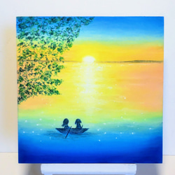 good mornig 清々しい朝 空と海【原画】オイルパステルアート 絵画