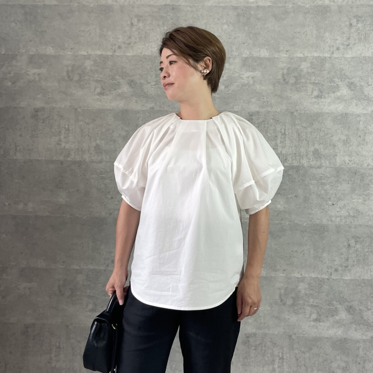 【小柄S】■大人可愛い優秀シルエット♡コットン100％ 立体タックバルーンブラウス 白■KMC-709 709476
