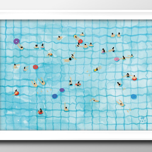 13547 ポスター 絵画 A3サイズ『夏の風景 プール スイミング
