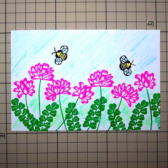 消しゴムはんこ「レンゲソウ・れんげ草・ミツバチ」６個セット 2枚目の画像