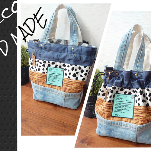 No.262【DENIM✖️POP巾着BAG❤️】デニムリメイクトートバッグ