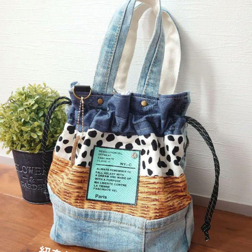 No.262【DENIM✖️POP巾着BAG❤️】デニムリメイクトートバッグ