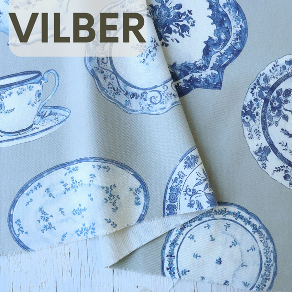 138×50　スペイン輸入生地　VILBER オックス　陶器柄　ブルー 1枚目の画像