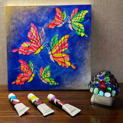 【数量限定1点　夏の福袋】蝶モチーフのアクリル画（原画）と卓上LEDランプ（ステンドグラス）のセット 6枚目の画像