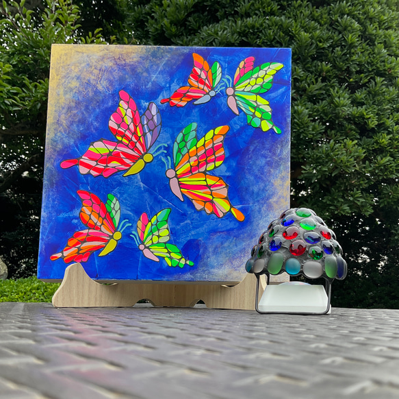 【数量限定1点　夏の福袋】蝶モチーフのアクリル画（原画）と卓上LEDランプ（ステンドグラス）のセット 4枚目の画像