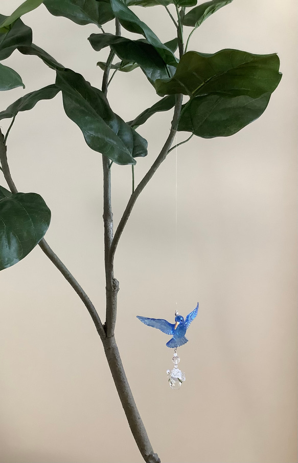 幸運を呼ぶ鳥ハチドリのサンキャッチャー　吊り下げシンプルタイプ　お守り水晶　青い鳥 13枚目の画像