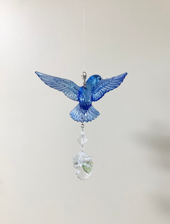 幸運を呼ぶ鳥ハチドリのサンキャッチャー　吊り下げシンプルタイプ　お守り水晶　青い鳥 9枚目の画像