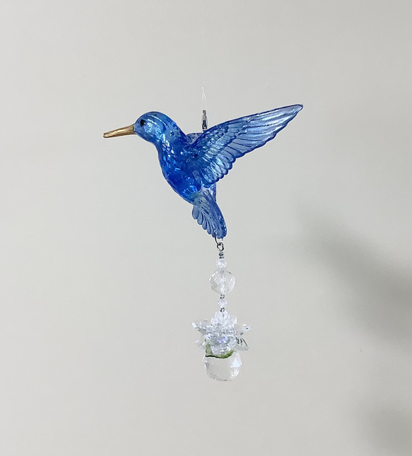 幸運を呼ぶ鳥ハチドリのサンキャッチャー　吊り下げシンプルタイプ　お守り水晶　青い鳥 12枚目の画像