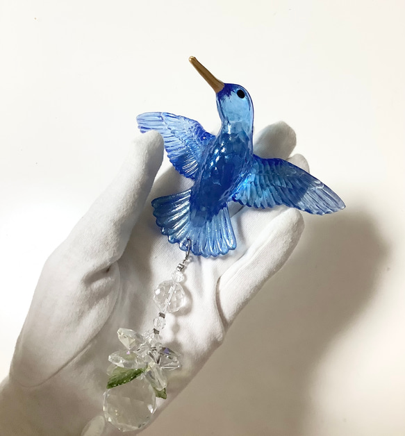 幸運を呼ぶ鳥ハチドリのサンキャッチャー　吊り下げシンプルタイプ　お守り水晶　青い鳥 15枚目の画像