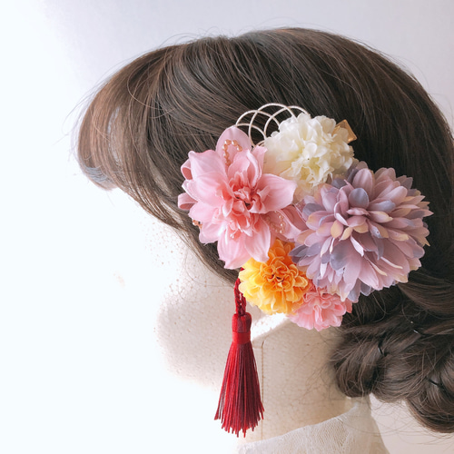 七五三髪飾り　　まーページ 上質な髪飾りで豊かなハレの日を～ 七五三髪飾り3歳様向け（赤×桜色