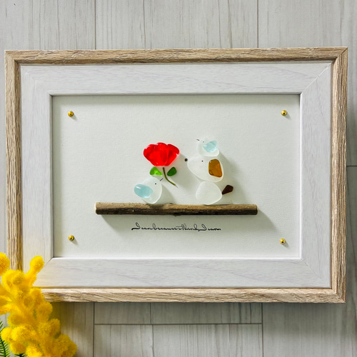 Eririnshop♪　オーダー受付　シーグラス／天然石／アート シーグラスアート 癒し 海の宝石 赤いお花 フラワーアート インテリア