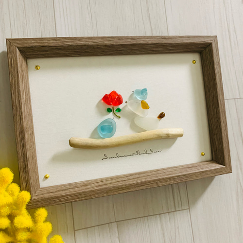 シーグラスアート 癒し 海の宝石 赤いお花 フラワーアート インテリア