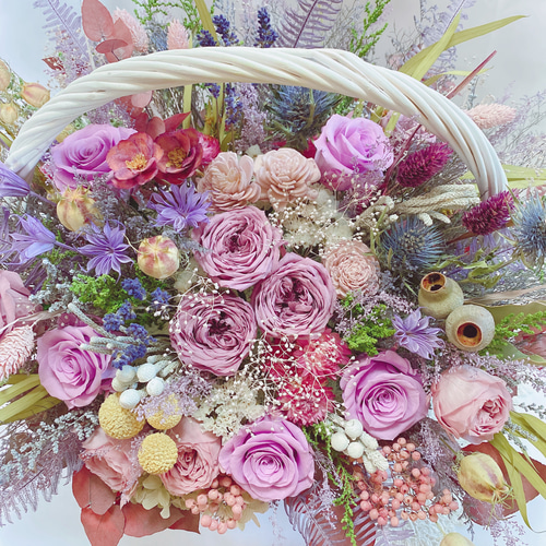 代表作品】豪華 アンティーク くすみ系 ピンク 花籠アレンジ