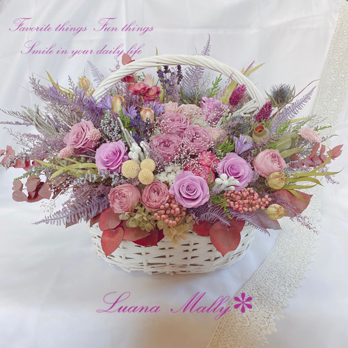 代表作品】豪華 アンティーク くすみ系 ピンク 花籠アレンジ