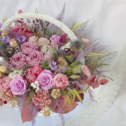 代表作品】豪華 アンティーク くすみ系 ピンク 花籠アレンジ
