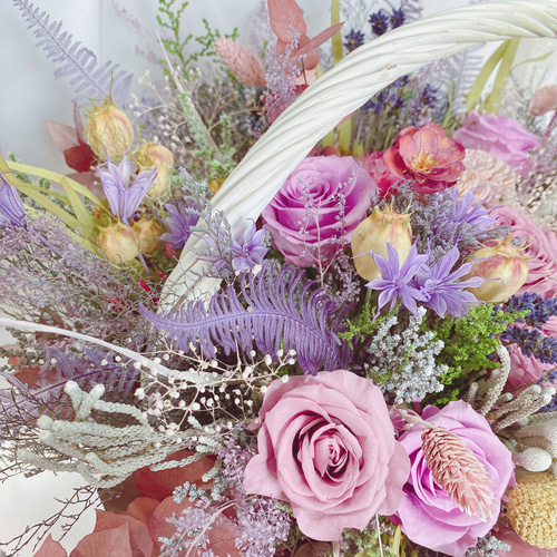 代表作品】豪華 アンティーク くすみ系 ピンク 花籠アレンジ