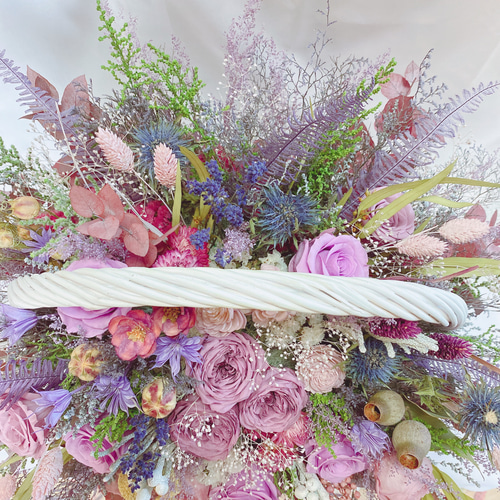 代表作品】豪華 アンティーク くすみ系 ピンク 花籠アレンジ