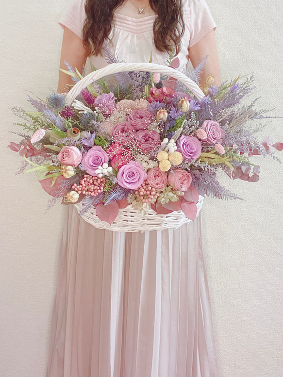 代表作品】豪華 アンティーク くすみ系 ピンク 花籠アレンジ