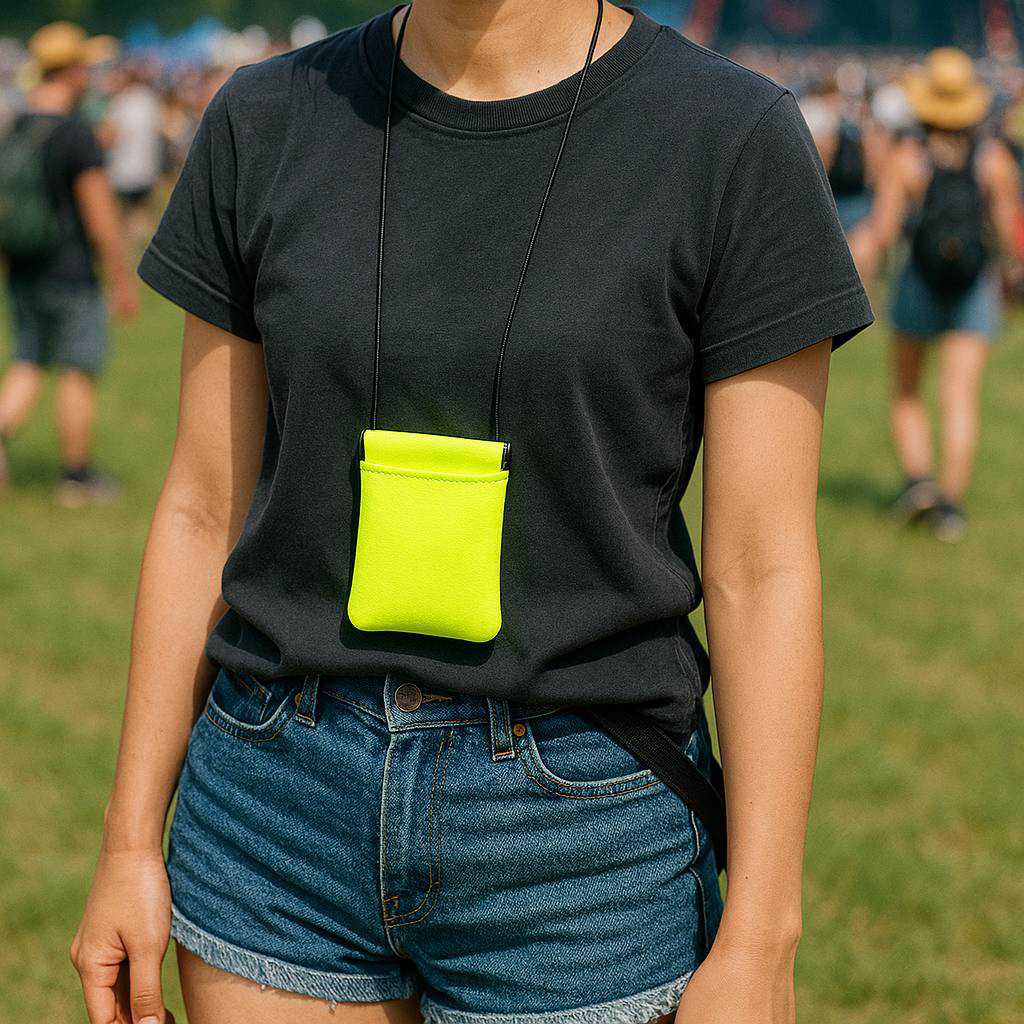 本革ネオンイエローのビビッドなネックウォレット　ミニレザー財布　コーデのワンポイントに　イヤホンケース