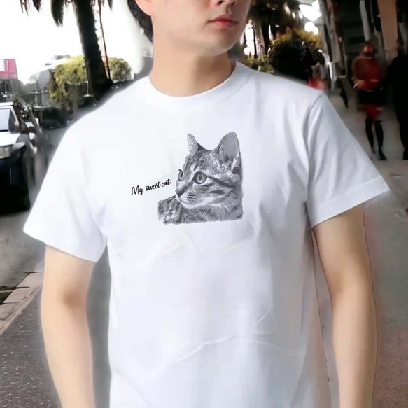 うちの子モノクロイラスト メンズ Tシャツ /オーダーメイド で作る！ 猫好き犬好きの男性へのギフトに！ 3枚目の画像