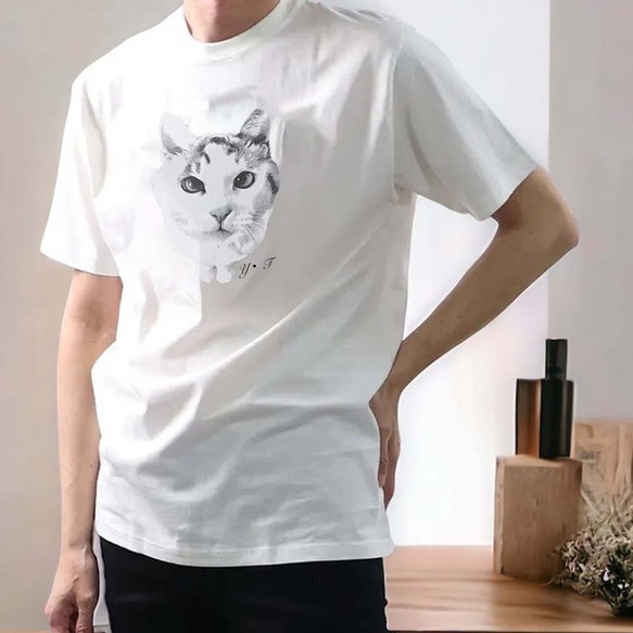 うちの子モノクロイラスト メンズ Tシャツ /オーダーメイド で作る！ 猫好き犬好きの男性へのギフトに！ 6枚目の画像