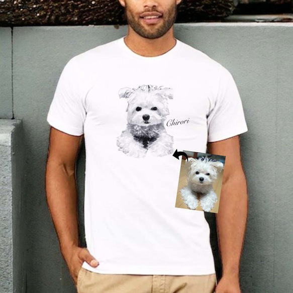 うちの子モノクロイラスト メンズ Tシャツ /オーダーメイド で作る！ 猫好き犬好きの男性へのギフトに！ 2枚目の画像