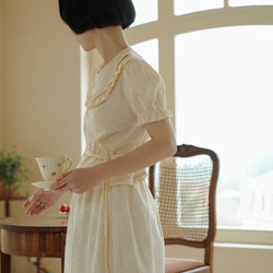 奶油白色 法式復古少女玫瑰半身裙 含裡布 蕾絲印花荷葉邊裙子 第17張的照片