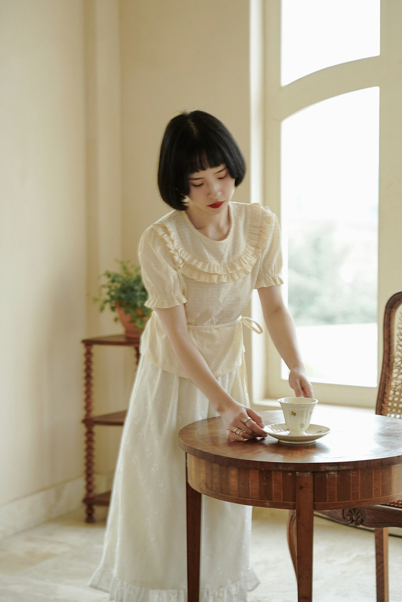 奶油白色 法式復古少女玫瑰半身裙 含裡布 蕾絲印花荷葉邊裙子 第13張的照片