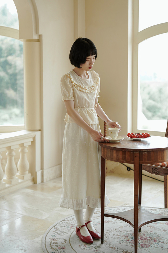 奶油白色 法式復古少女玫瑰半身裙 含裡布 蕾絲印花荷葉邊裙子 第6張的照片