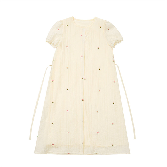 クリームローズフレンチレトロガールドレス半袖夏ウエストネクタイルーズスカート 2枚目の画像