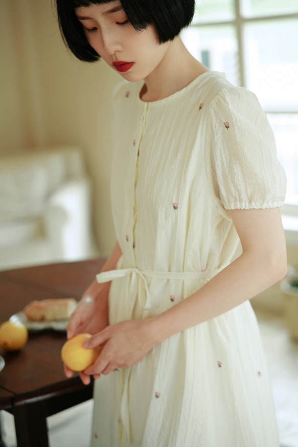 奶油玫瑰 法式復古少女洋裝連身裙 短袖夏季收腰系帶寬松裙子 第12張的照片