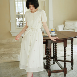 奶油玫瑰 法式復古少女洋裝連身裙 短袖夏季收腰系帶寬松裙子 第9張的照片