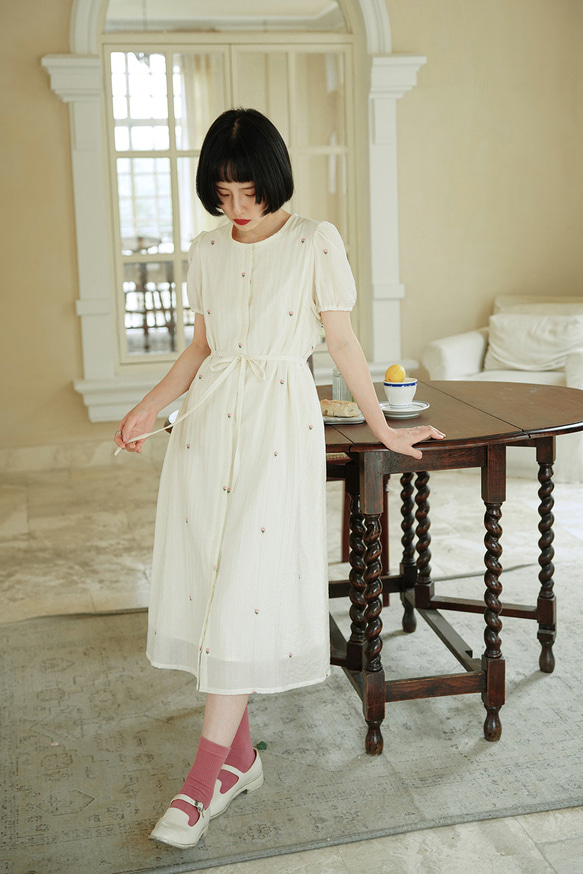 奶油玫瑰 法式復古少女洋裝連身裙 短袖夏季收腰系帶寬松裙子 第9張的照片