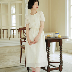 奶油玫瑰 法式復古少女洋裝連身裙 短袖夏季收腰系帶寬松裙子 第17張的照片