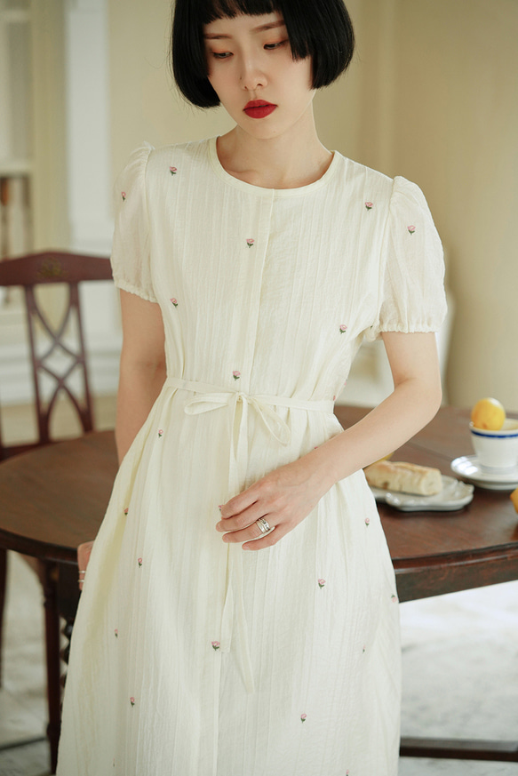 奶油玫瑰 法式復古少女洋裝連身裙 短袖夏季收腰系帶寬松裙子 第16張的照片