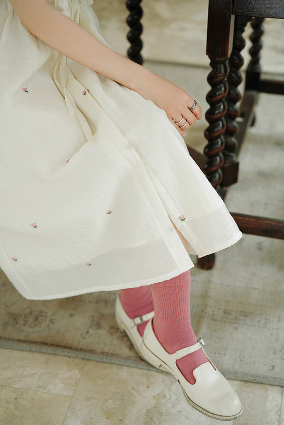 奶油玫瑰 法式復古少女洋裝連身裙 短袖夏季收腰系帶寬松裙子 第13張的照片