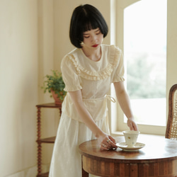 奶油米色 新中式復古荷葉邊圓領上衣 少女風系帶收腰短袖襯衫 第13張的照片