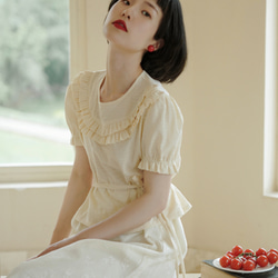 奶油米色 新中式復古荷葉邊圓領上衣 少女風系帶收腰短袖襯衫 第11張的照片