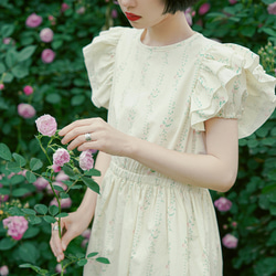 クリーム花柄フレンチレトロガールフライングスリーブフリルドレススリムウエスト花柄ドレス半袖ロングドレス 11枚目の画像