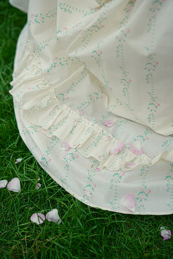 クリーム花柄フレンチレトロガールフライングスリーブフリルドレススリムウエスト花柄ドレス半袖ロングドレス 15枚目の画像