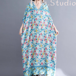 受注 .夏~2色 ブルー.シルクのワンピース　スカート　綿麻　大サイズ　ゆったり　 4枚目の画像