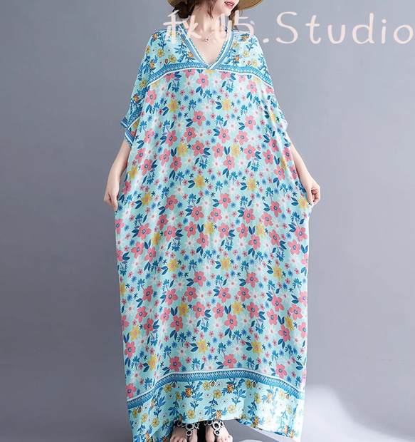 受注 .夏~2色 ブルー.シルクのワンピース　スカート　綿麻　大サイズ　ゆったり　 4枚目の画像