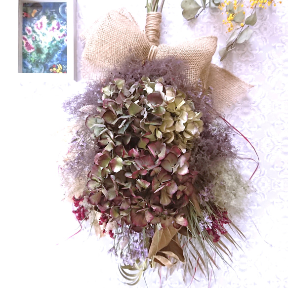 3.秋色紫陽花スワッグ 大きいサイズ』三色の秋色紫陽花とスモークツリーのアンティーク